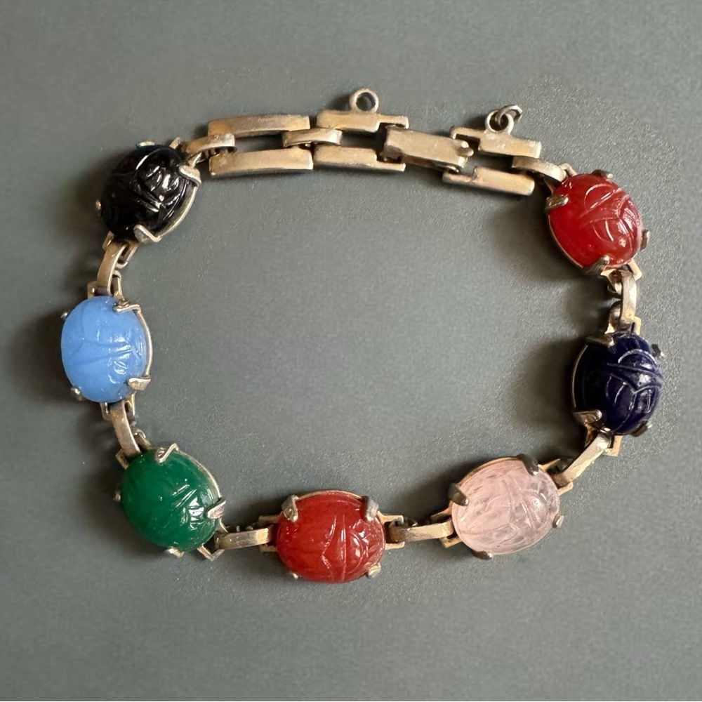 Vintage Egyptian Revival Scarab Bracelet Carved Stone Cabochons Silver Tone
